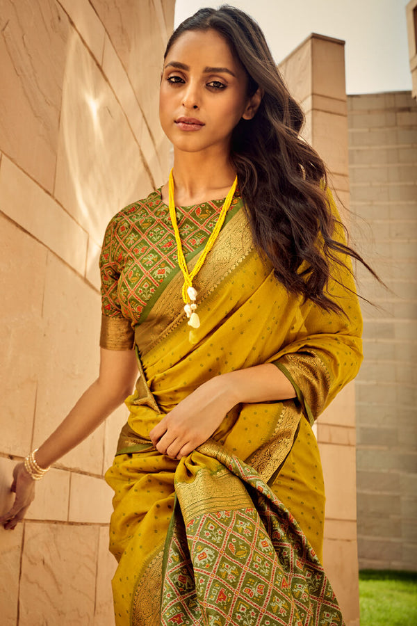 Tangerine Yellow Patola Silk Saree