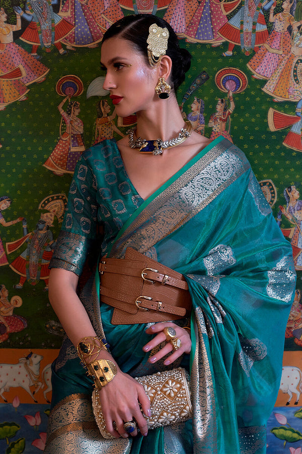 Teal Blue Zari Woven Organza Silk Saree