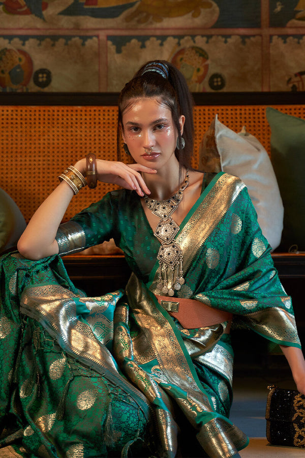 Teal Green Zari Woven Satin Silk Saree