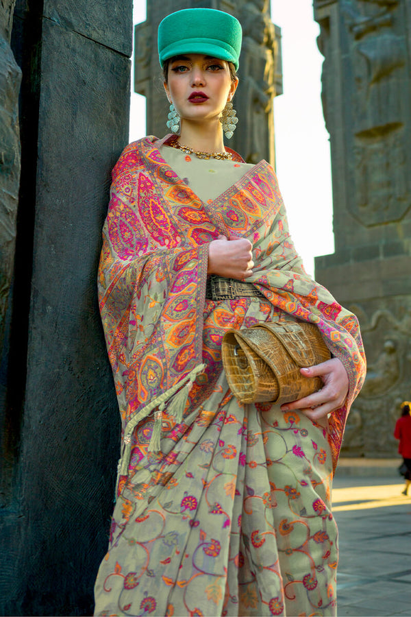 Thistle Green Kashmiri Weaving Organza Silk Saree