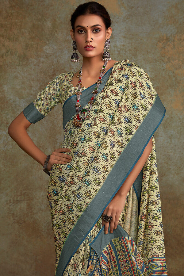 Thistle Green Printed with Sequence Soft Silk Saree