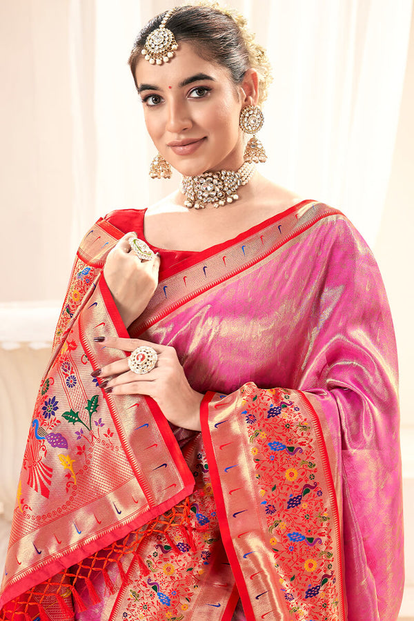 Thulian Pink Paithani Tissue Silk Saree