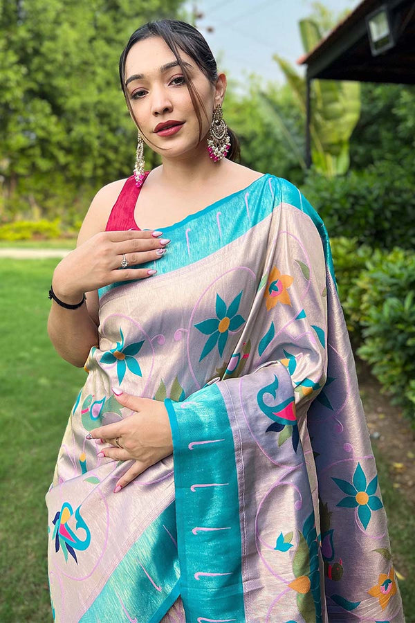 Tiffany Blue Zari Woven Paithani Silk Saree