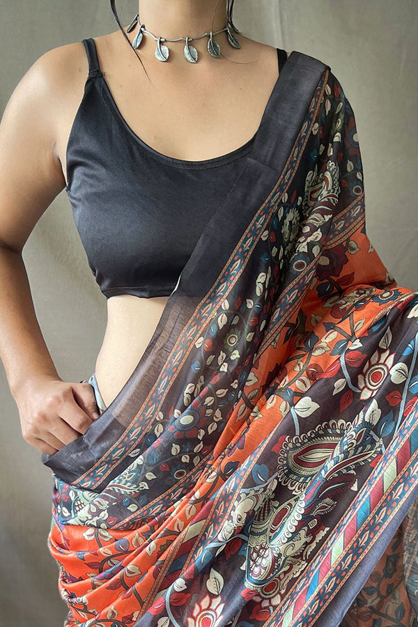 Tiger Orange Kalamkari Printed Cotton Saree