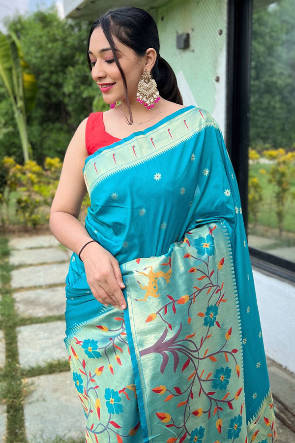 Topaz Blue Zari Woven Paithani Silk Saree