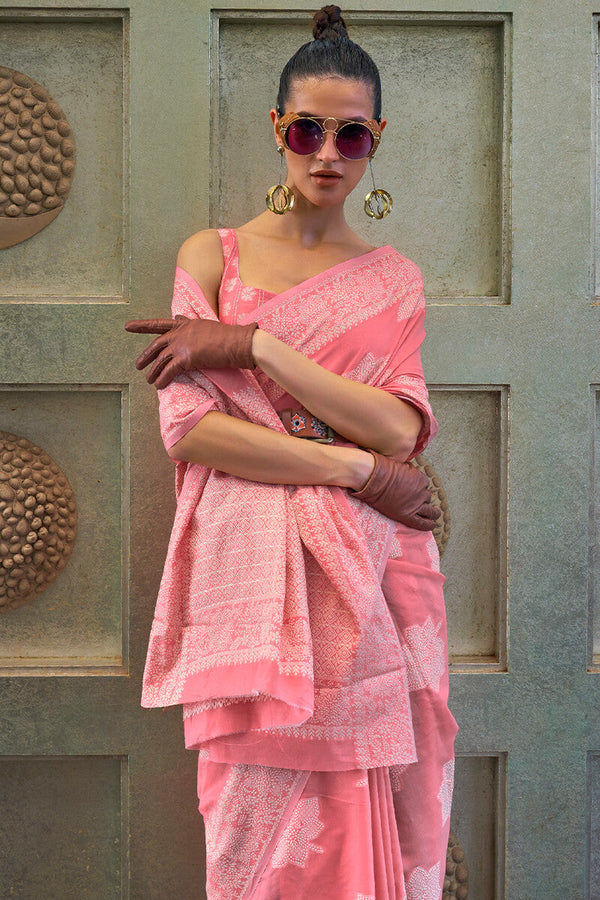 Tulip Pink Lucknowi Woven Chikankari Saree