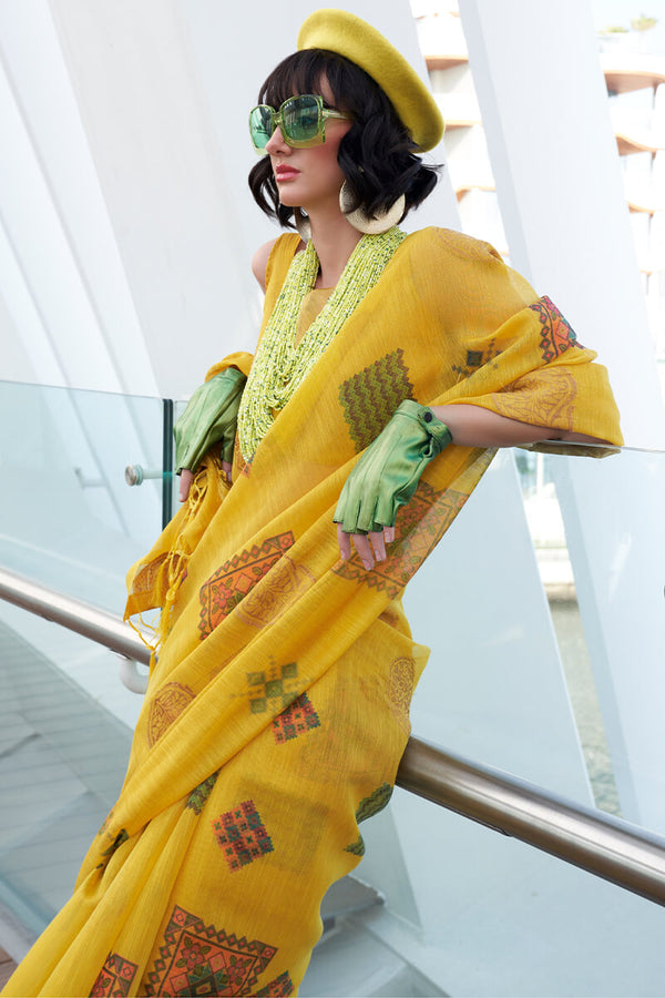 Turmeric Yellow Zari Woven Printed Tissue Silk Saree