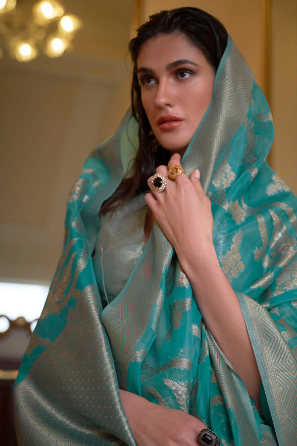 Turquoise Blue Organza Silk Saree