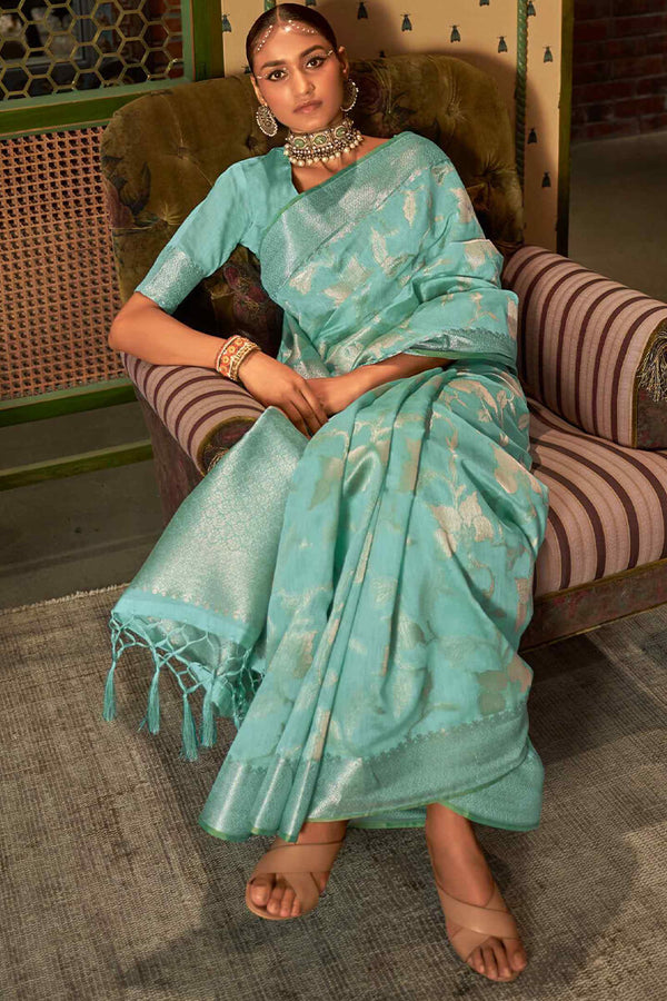 Turquoise Green Banarasi Silk Saree