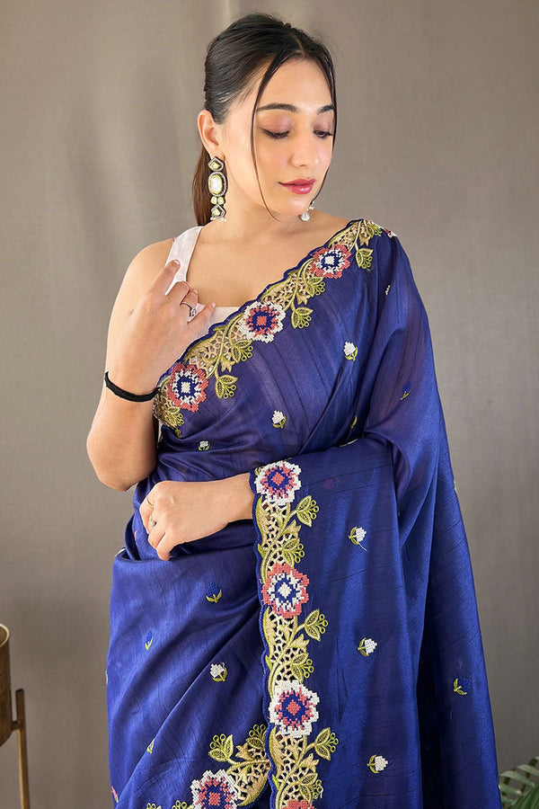 Twilight Blue Embroidered Work Tussar Silk Saree