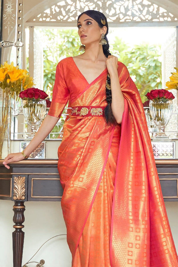 Ultra Deep Peach Kanjivaram Silk Saree