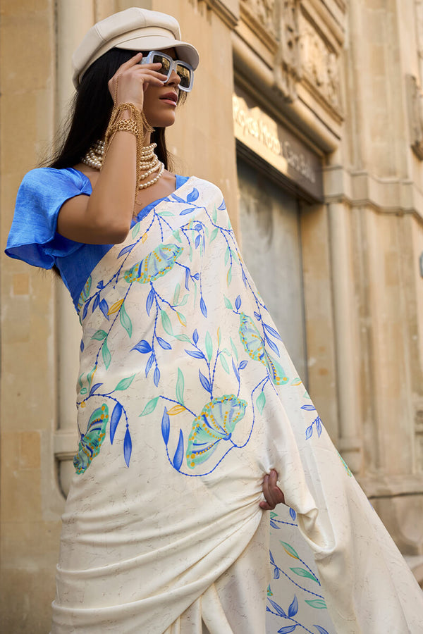 Vanilla Beige Printed Satin Silk Saree