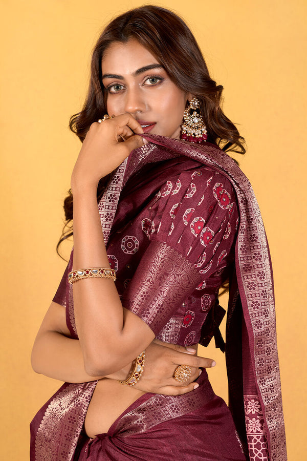 Velvet Maroon Foil Printed Pure Dola Silk Saree