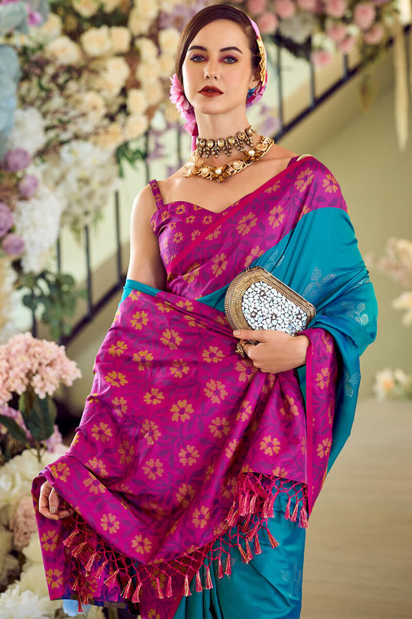 Venice Blue Soft Silk Saree with Ikkat Border