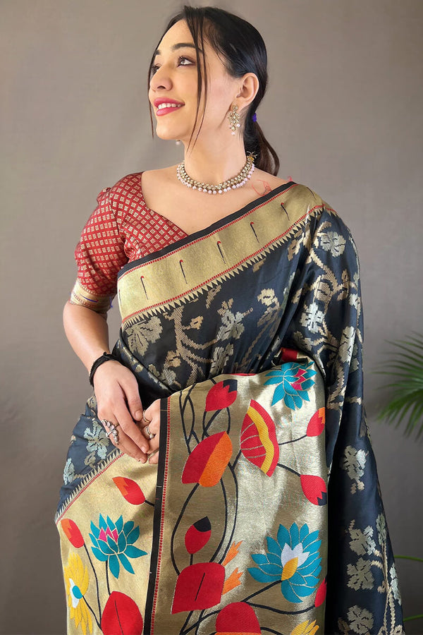 Vulcan Black Zari Woven Paithani Silk Saree