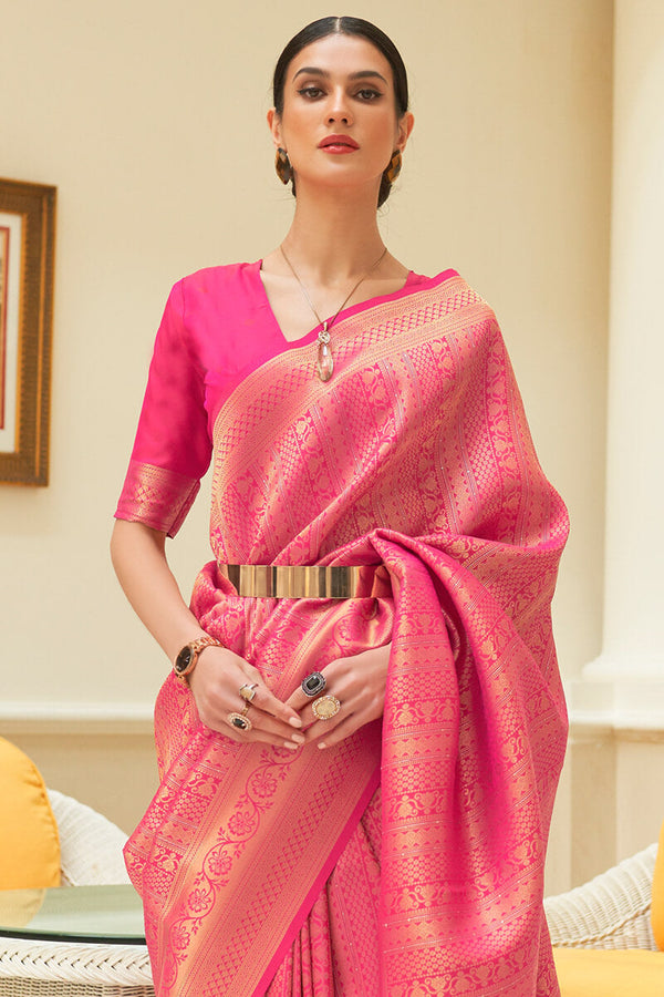 Warm Pink Zari Woven and Sequence Work Kanjivaram Silk Saree