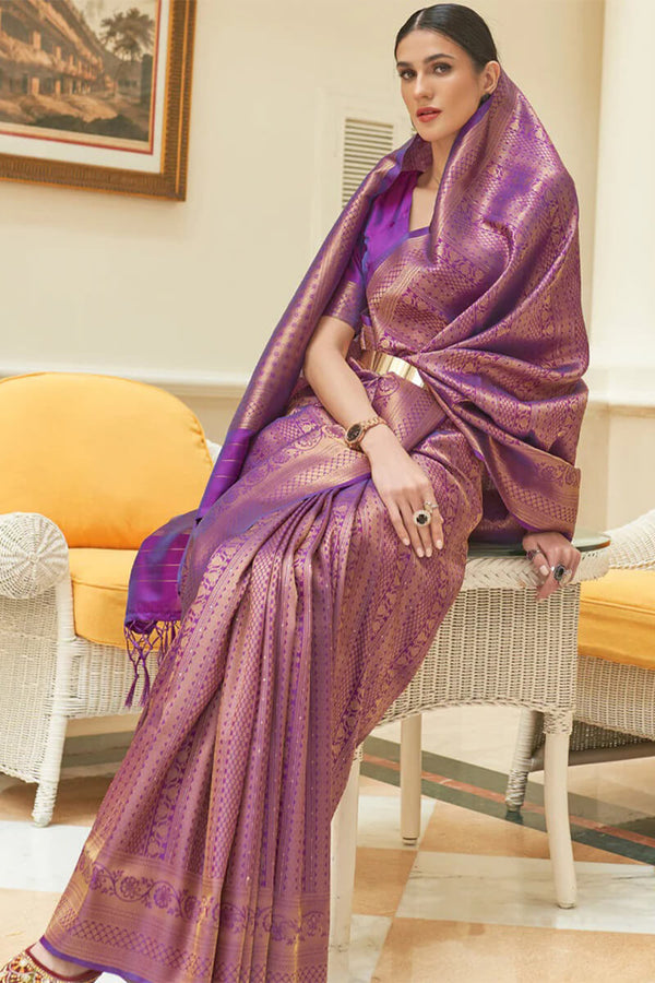 Warm Purple Zari Woven and Sequence Work Kanjivaram Silk Saree