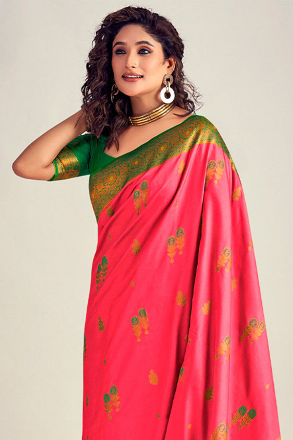 Watermelon Pink Soft Banarasi Silk Saree