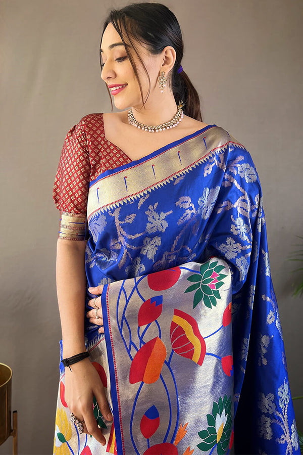 Yale Blue Zari Woven Paithani Silk Saree