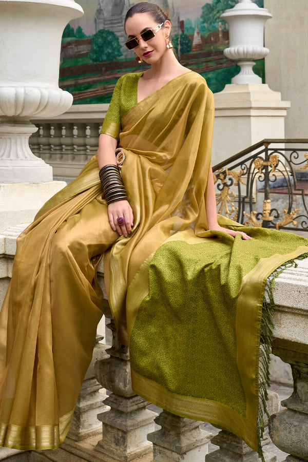 Yellowy Green Tissue Silk Saree