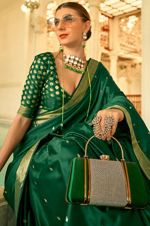 Zucchini Green Banarasi Satin Silk Saree