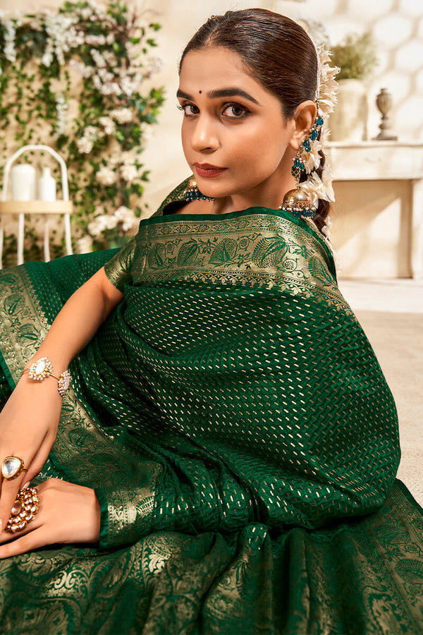 Zucchini Green Soft Banarasi Silk Saree